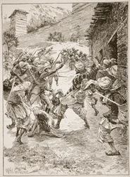 Il Tenente Harley, alla testa di quaranta Sikh e sessanta Kashmiris, assaltò la casa sopra la bocca della miniera, illustrazione da 