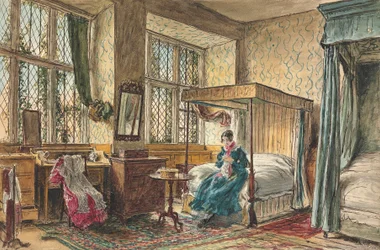 La signorina Moore che cuce nella sua camera da letto, Hardwick Hall, Derbyshire