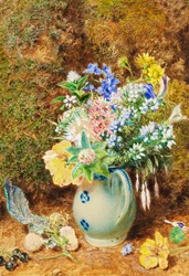 Brocca di porcellana azzurra con eriche e piccoli fiori, c.1860
