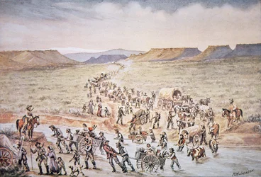 Pionieri mormoni con carretti a mano diretti a ovest verso lo Utah nel 1850