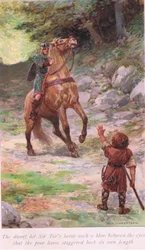 Il nano colpì il cavallo di Sir Tor con un tale colpo tra gli occhi che il povero cavallo indietreggiò di tutta la sua lunghezza