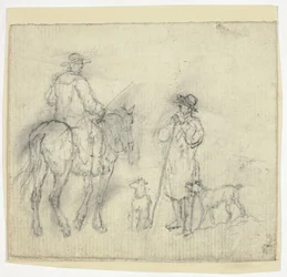 Uomo con cani e un altro a cavallo