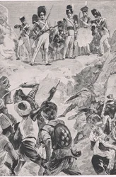 I seguaci di Carmichael sparano una raffica nella densa folla di uomini: Battaglia di Bharatpur 1826, illustrazione da British Battles on Land and Sea, 1915
