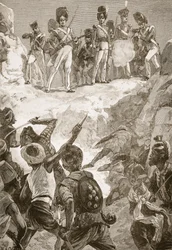 I seguaci di Carmichael spararono nel denso gruppo di uomini davanti a loro, illustrazione da 