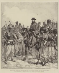 Generale Ghous-ud-din Khan, comandante delle truppe afghane a Penjdeh, con i suoi soldati afghani