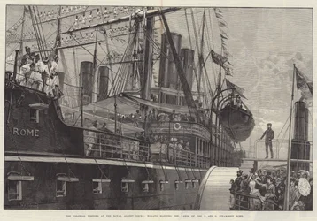 I visitatori coloniali ai Royal Albert Docks, malesi che manovrano le vele della nave a vapore P e O Rome