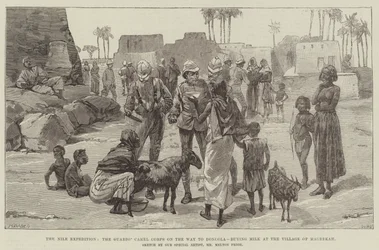 La spedizione del Nilo, il corpo dei cammelli delle guardie in viaggio verso Dongola, acquisto di latte al villaggio di Magrekah