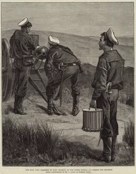 La guerra Zulu, guarnigione di Fort Pearson, sul Basso Tugela, alla pratica del cannone Gatling