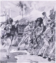 La brigata navale della HMS Shannon a Lucknow, novembre 1857, illustrazione da British Battles on Land and Sea, 1915