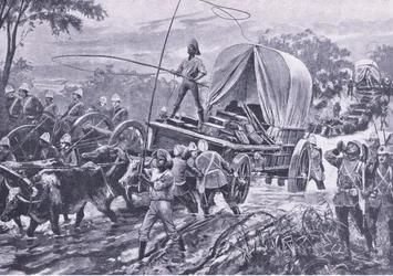 Guerra Zulu: La forza di soccorso di Estowe attraversa un torrente, aprile 1879, illustrazione da British Battles on Land and Sea, 1915