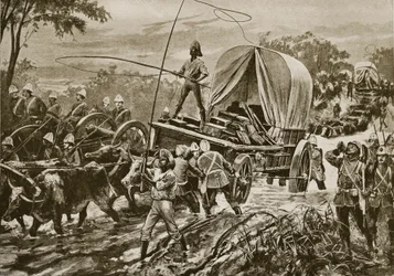 Guerra Zulu: la forza di soccorso di Etshowe attraversa un ruscello, aprile 1879