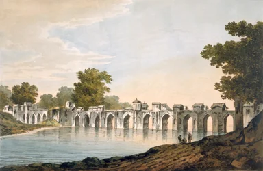 Veduta del ponte di Ilionpoor sul fiume Goomty, pub. 1785-88