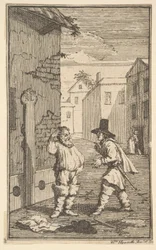 Hudubras e Ralpho che Disputano Diciassette Piccole Illustrazioni per Hudibr... di Samuel Butler, 1721-26