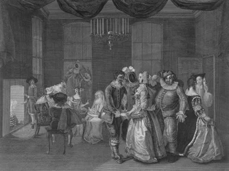 Veduta interna di Somerset House con figure vestite per un ballo in maschera, 1805