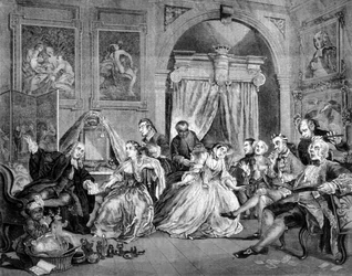 Matrimonio alla Moda: serie di 6 tavole satiriche sul matrimonio dei ricchi. Incisione di William Hogarth (1697-1764). 1745