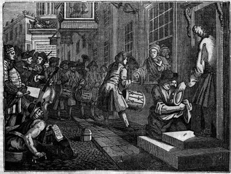 Tavola da una serie di 12 incisioni di William Hogarth (1697-1764), illustratore britannico, intitolata "Industry and Idleness", "Zelo e pigrizia", raccontando le carriere di due apprendisti: il matrimonio di Goodchild con la figlia del suo maestro tessito