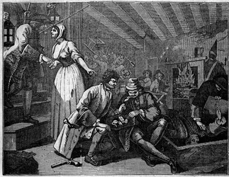 Tavola da una serie di 12 incisioni di William Hogarth (1697-1764), illustratore britannico, intitolata "Industry and Idleness", "Zelo e pigrizia" raccontando le carriere di due apprendisti: Thomas Idle, colpevole dei suoi vizi, fu arrestato in una taverna
