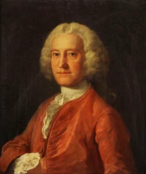 Ritratto di Samuel Martin, busto, in un cappotto rosa, camicia bianca con pizzo e cravatta bianca, con la mano destra infilata nella giacca, c.1763