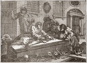 Il pigro apprendista che gioca nel cimitero durante il servizio divino - Tavola da una serie di 12 incisioni di William Hogarth (1697-1764), illustratore britannico, intitolata "Industria e Pigrizia", raccontando le carriere di due apprendisti