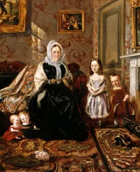 Ritratto di gruppo della suocera di Henry Clark, Mrs Davies, e quattro dei suoi figli nel salotto della sua casa, 186 High Street, Homerton