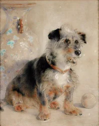Terrier seduto davanti a un vaso Canton Famille Rose