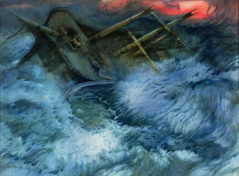Nave naufragata con serpente marino e tigri