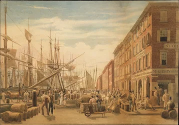 Veduta di South Street da Maiden Lane, New York