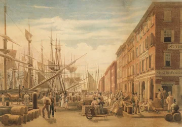 Veduta di South Street, da Maiden Lane, New York City, ca. 1827