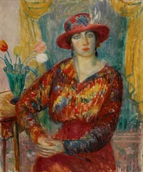 Donna in camicetta rossa con tulipani