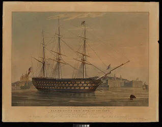 Questa incisione nazionale di W. Read, tratta da un dipinto originale di Huggins, raffigura la nave di Sua Maestà Howe, armata di 120 cannoni, con una veduta del Greenwich Hospital e dell