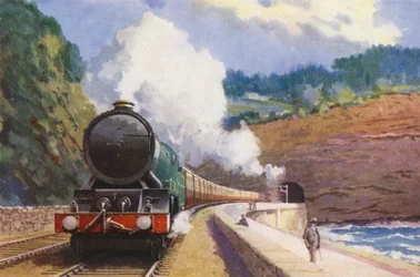 Il Cornish Riviera Express della GWR, trainato da una locomotiva di classe "King", sulla tratta tra Londra e Penzance (litografia a colori)