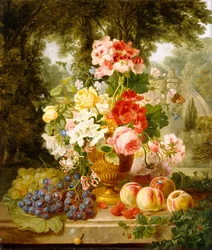 Un Vaso di Fiori Estivi e Frutta su un Davanzale in un Paesaggio, 1867