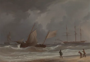Un lugger che si dirige a riva in una tempesta