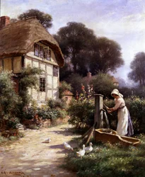 Attingere acqua da una fontana 1917. Una giovane contadina attinge acqua da una fontana del villaggio (acqua di sorgente) con le oche al suo fianco. Sullo sfondo, una casetta a graticcio con il tetto di paglia. Dipinto di William Kay Blacklock (1