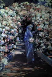 La sposa. Una giovane sposa raccoglie fiori sotto un arco in un giardino. Dipinto di William Kennedy (1859-1918, Regno Unito) Collezione privata