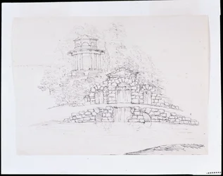 Chiswick, progetto per una cascata rocciosa con un tempio dorico ottagonale sulla terrazza dietro
