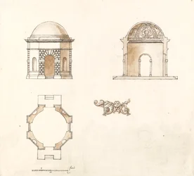 Tempio ottagonale a Shotover Park, Oxfordshire: pianta, sezione ed elevazione