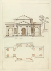 Edificio di Townsend a Rousham, Oxfordshire: Elevazione e Pianta