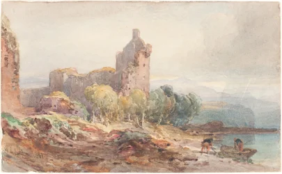 Un castello in rovina su un lago
