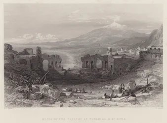 Rovine del Teatro di Taormina e Monte Etna (incisione)