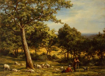 Un pastore e il suo gregge in un paesaggio boscoso illuminato dal sole