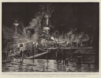 Straordinari, completamento della HMS Magnificent, una scena notturna nel cantiere navale di Chatham