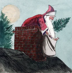 Babbo Natale, scendendo attraverso un camino, tirando un sacco pieno di giocattoli e un albero di Natale. Acquerello, inizio XX secolo, di William Lionel Wyllie (1851-1931).