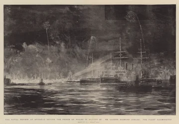La rivista navale a Spithead davanti al Principe di Galles in onore del Giubileo di Diamante della Regina, la flotta illuminata