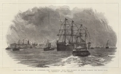 La visita della regina a Liverpool, il Claughton, con Sua Maestà a bordo, che passa davanti alla White Star SS Republic sul Mersey