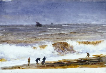 La spiaggia di Berck sur mer (Francia), con mare agitato e personaggi sulla spiaggia. Acquerello, dopo il 1890, di William Lionel Wyllie (1851-1931)