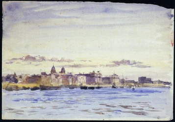 Veduta del Royal Naval College, a Greenwich (Inghilterra), sul Tamigi, al tramonto, presa da Blackwall (riva opposta). Acquerello, inizio XX secolo, di William Lionel Wyllie (1851-1931)