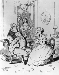 Mr Joseph Sedley intrappolato da Becky Sharp, illustrazione per il primo capitolo di Vanity Fair, romanzo di William Makepeace Thackeray (1811-1863), incisione dal disegno di William Makepeace Thackeray (1811-1863), pubblicato a Chicago nel 1882