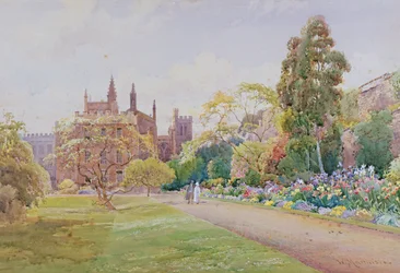 La lunga passeggiata e il bordo dei fiori a maggio - New College, Oxford, c.1918