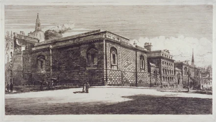 Veduta della prigione di Newgate, Old Bailey, da Newgate Street, Città di Londra, c. 1900